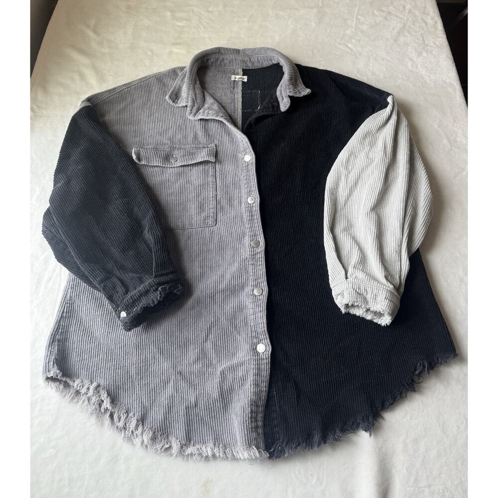 POL Colorblock Corduroy Button-Up Shirt Gray Black White Fringe Pockets M